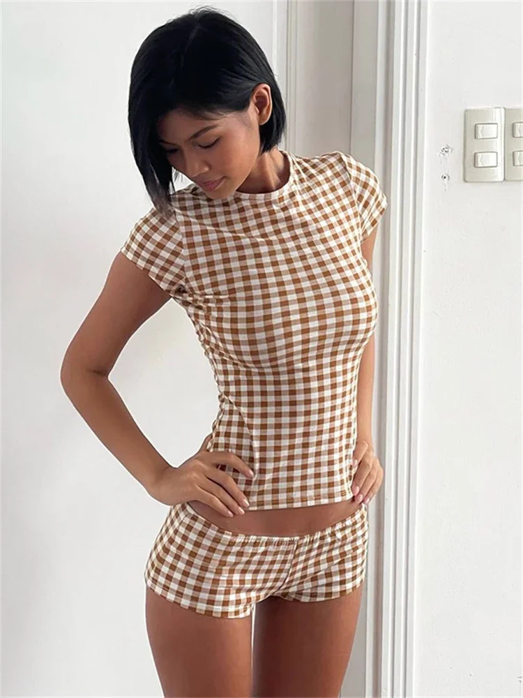 

Women's Plaid Print Low Rise Shorts Casual Two-Piece Set Crew Neck Short Sleeve T-Shirt Hot Short Pants Slim Loungewear