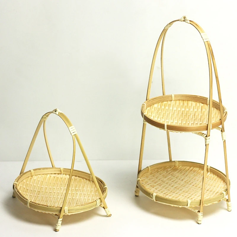 Cestas de palha de tecelagem de bambu camada rack de vime frutas pão armazenamento de alimentos cozinha decorar placa redonda suporte recipiente-camada única