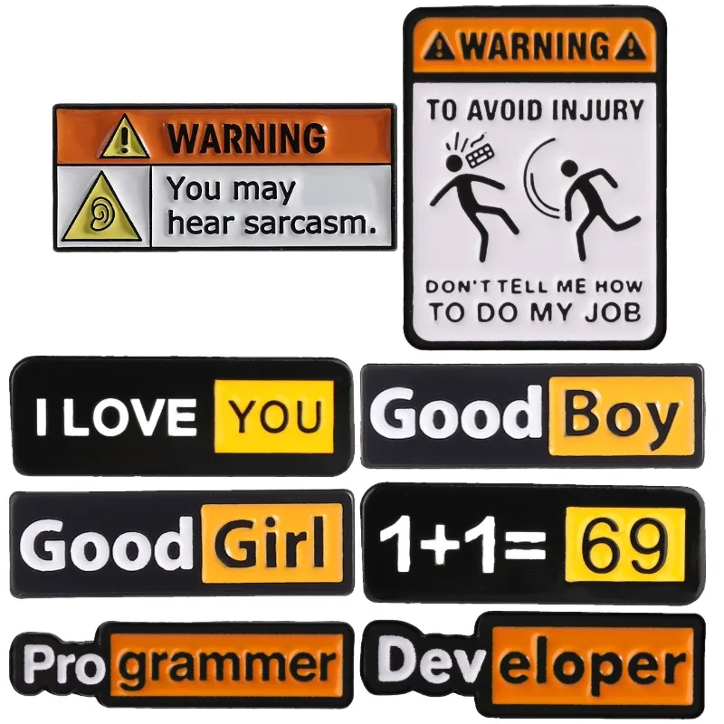 Funny Warning Sign Enamel Pins Retro Punk Sarcasm Quotes Brooches Geek Developer Programmer Badges Cheeky Gift for Friends