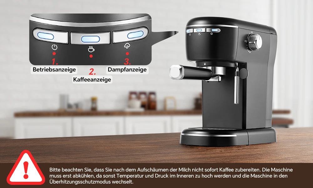 15 Bar 1,2 l abnehmbarer Tank, kompakte Cappuccino-/Latte-Maschine, Edelstahl, 1100 W, schwarze Espresso-Kaffeemaschine – Detail 4