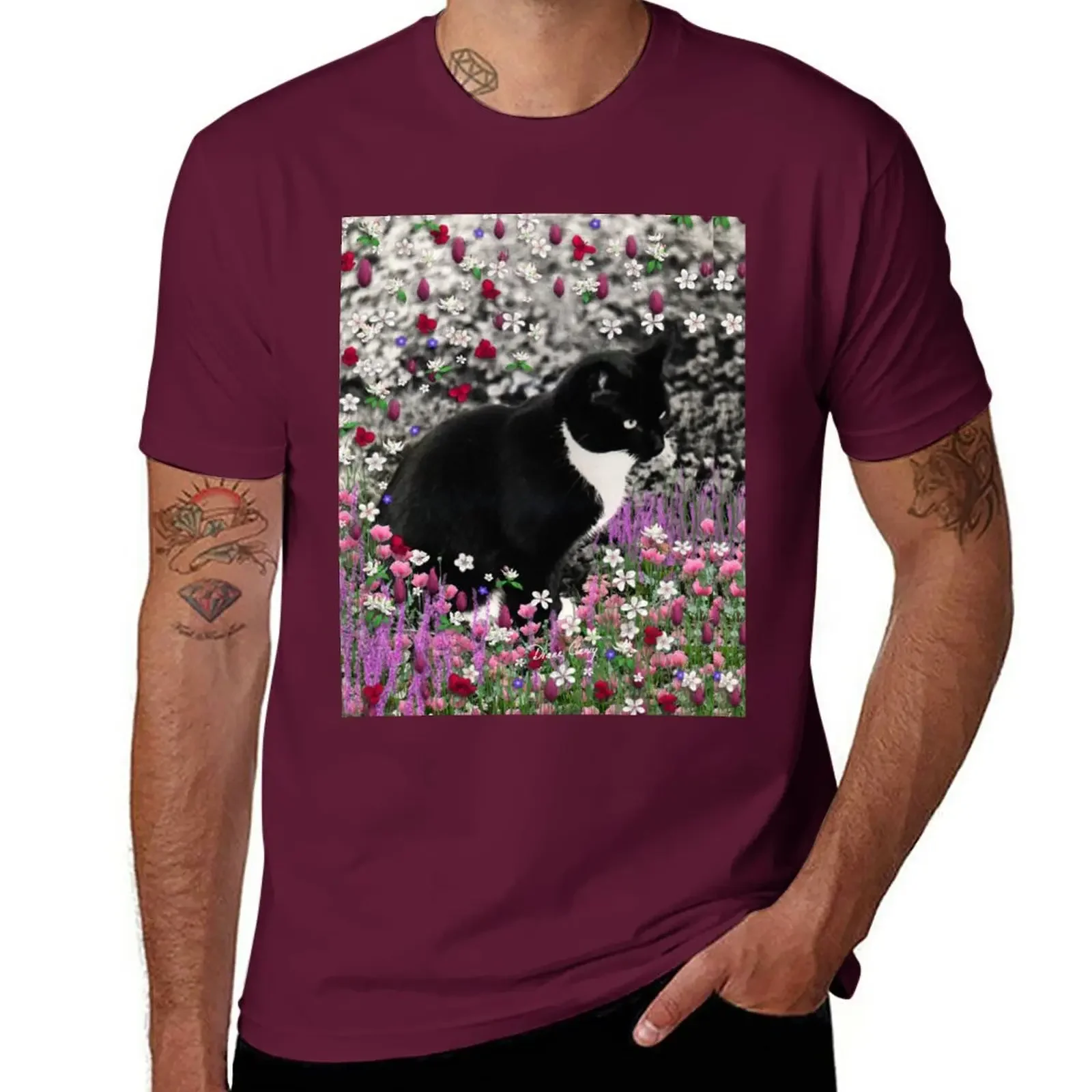 Freckles in Flowers II - Tuxedo Cat T-Shirt boys animal print oversized clothes for men