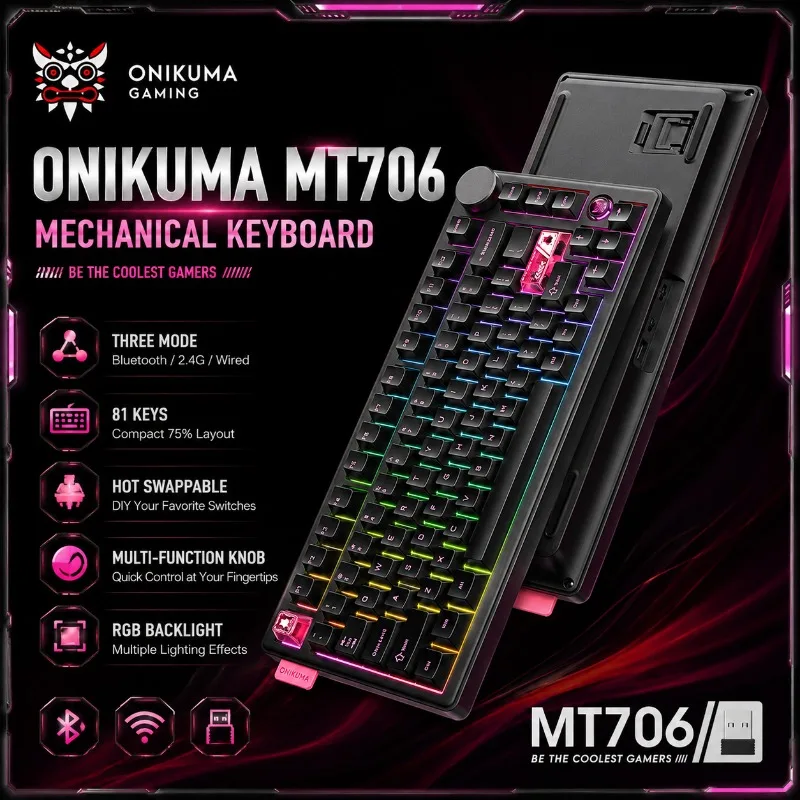 ONIKUMA MT706 Mechanical Keyboard RGB Three Mode Wireless Bluetooth 2.4G USB Hot Swappable Gasket Knob Gaming Keyboard PC Laptop