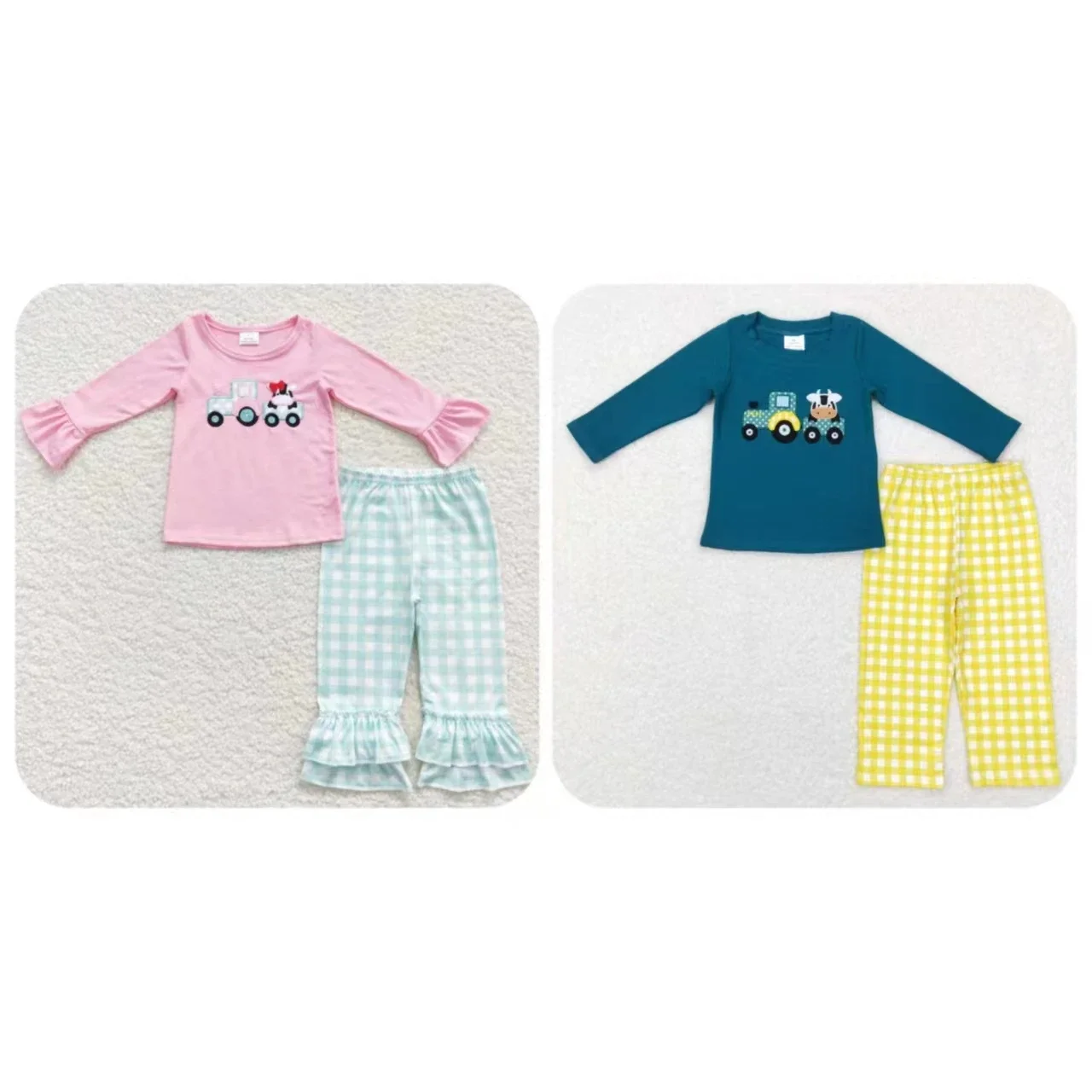 Wholesale Children Farm Pajamas Sleepwear Boy Girl Long Sleeves Embroidery Tractor Cow Shirt Set Kids Plaid Pants Toddler Outfit
