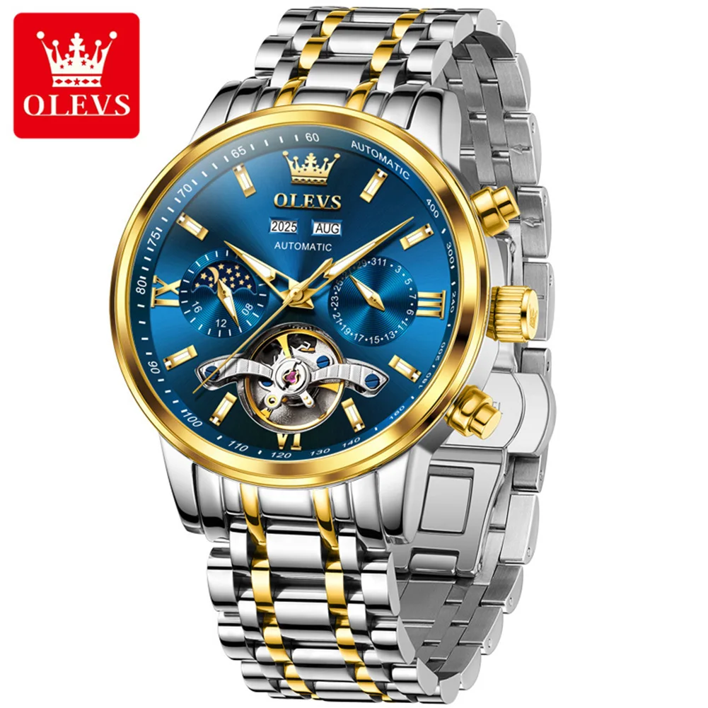 OLEVS Watches for Men Skeleton Flywheel Automatic Mechanical Men's Watches 24 Hour Moon Phase Waterproof Luxury Man Watch 6740
