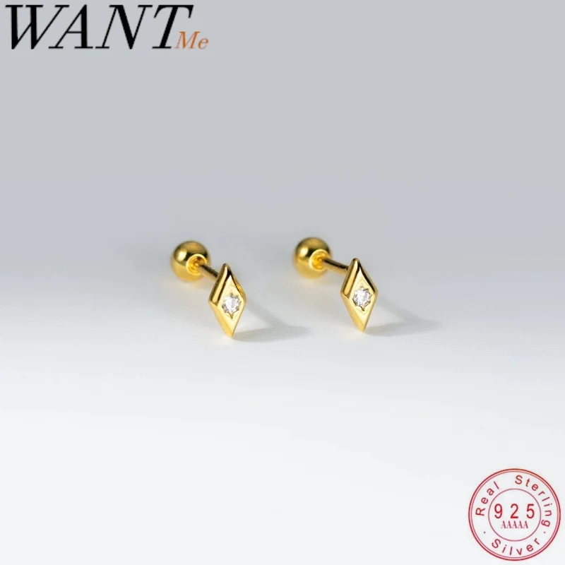 WANTME 925 Sterling Silver Fashion Simple Sweet Star Screw Bead Stud Earrings for Women Chic Rhombus Ear Bone Piercing Jewelry