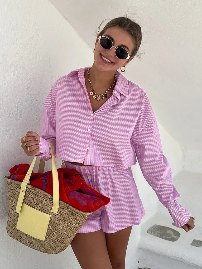 Marthaqiqi Striped Women Sleepwear Set Long Sleeve Nightgown Crop Top Pyjamas Turn-Down Collar Pajamas Shorts Femme Nightie Suit