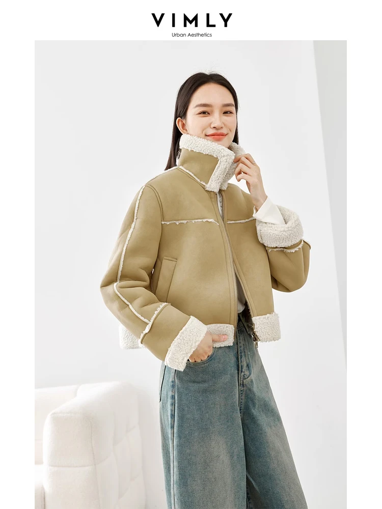 

Vimly Khaki Faux Fur Coat Lapel Long Sleeve Cropped Jacket 2023 Thick Warm Office Lady Winter Outerwear Female Clothing 16312