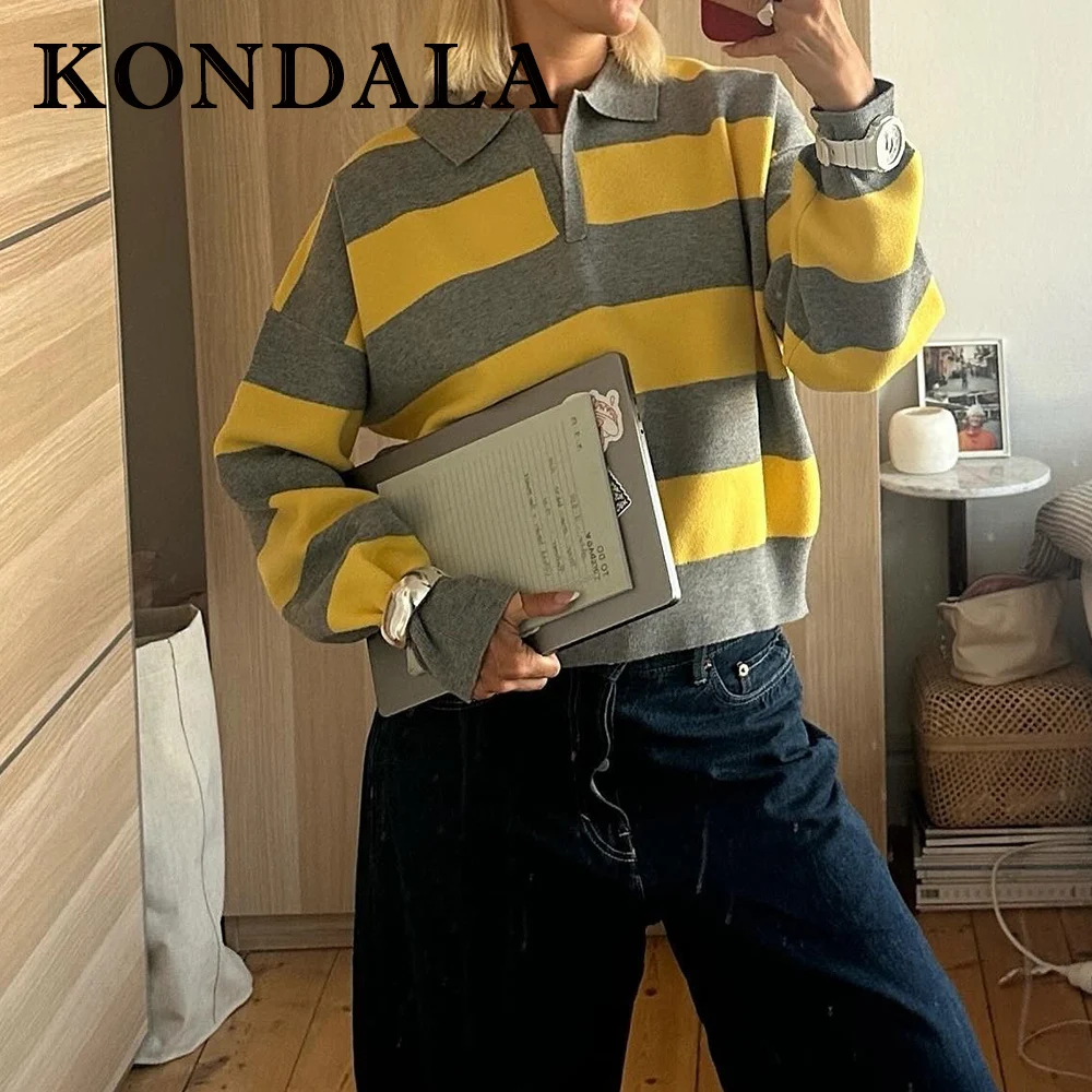 KONDALA Chic Autumn Knitted 2025 Women Polo Sweater Vintage Striped V-Neck Fashion Casual Long Sleeve Female Elegant Knitwear