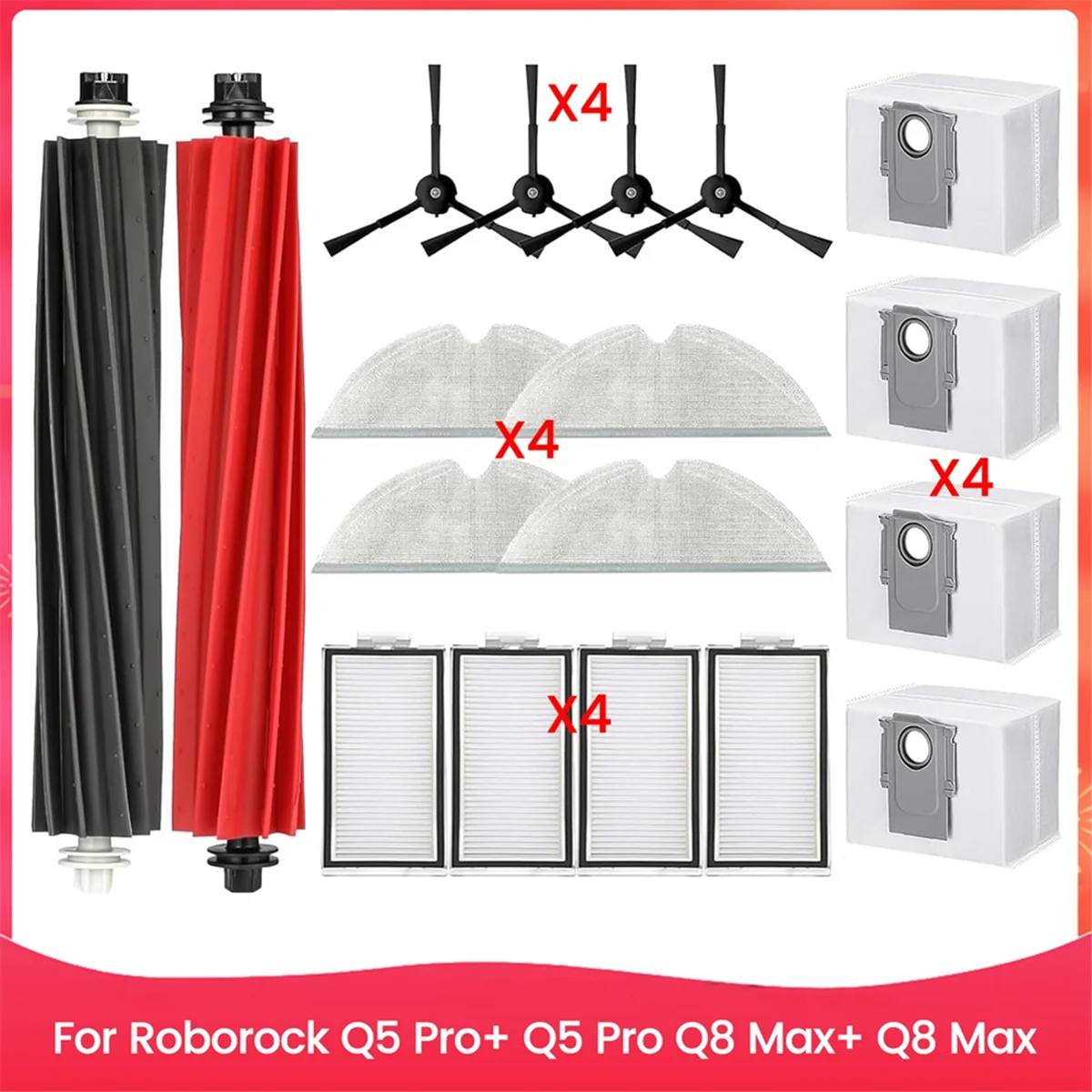 18PCS Replacement Parts for Roborock Q8 Max+/Q8 Max/Q5 Pro/Q5 Pro+Robot Vacuum Roller Side Brush Filter Mop Pad Dust Bag