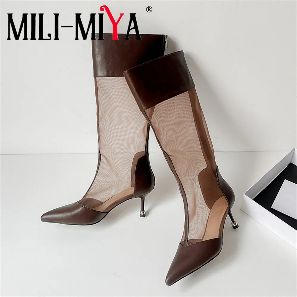 

MILI-MIYA New Arrival Women Microfiber Knee High Sandals Boots Pointed Toe Thin Heels Breathable Mesh Shaft Big Size 34-40