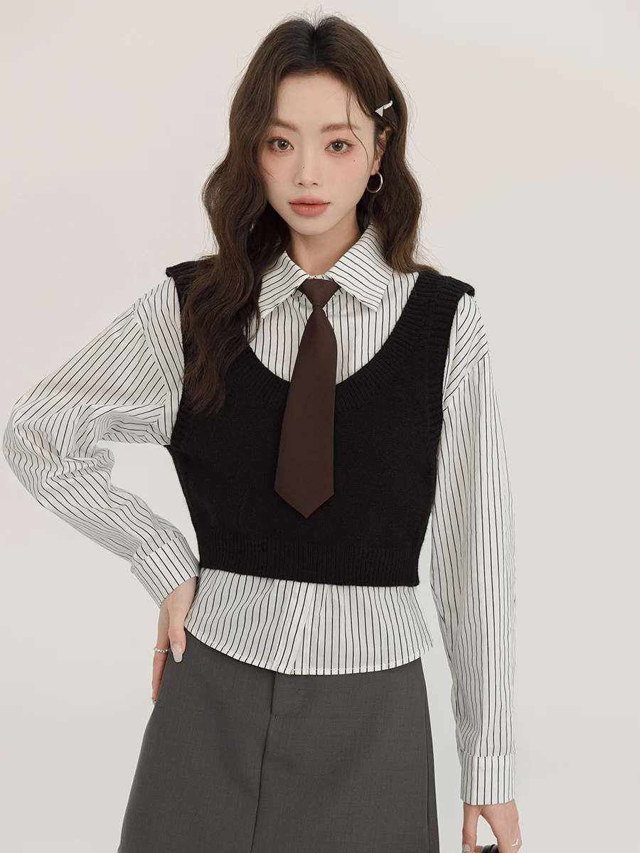 

Женский вязаный комплект из двух предметов: полосатый свитер и юбка в стиле преппи с отложным воротником и пуговицами, в стиле «сладкий ветер»