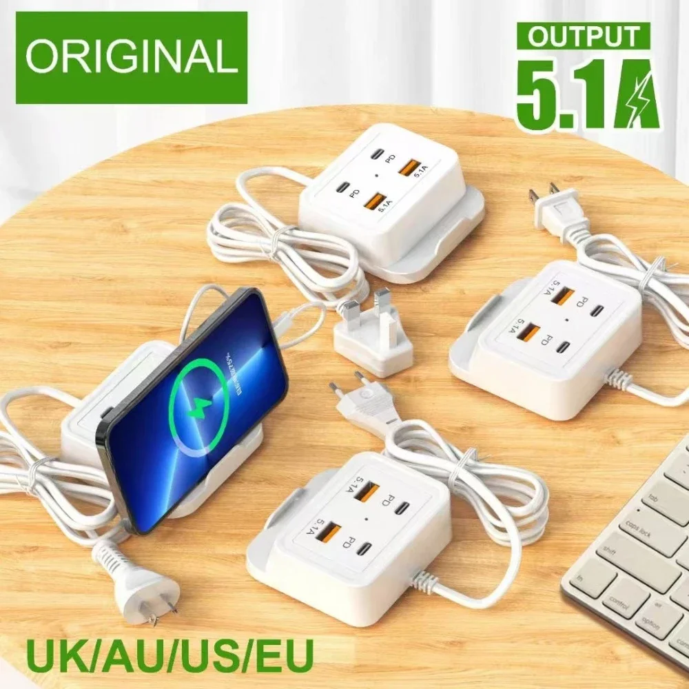 

5.1A 4 Ports USB Charger Fast Charging PD Type C Wall Charger For iPhone 15 Samsung Xiaomi EU US Plug Phone Quick Power Adapter