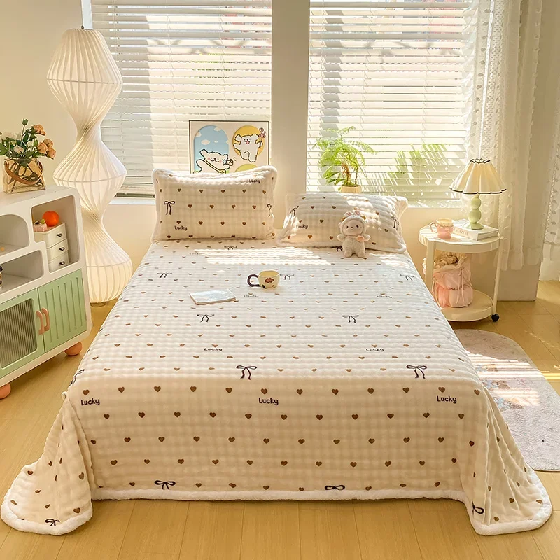 New Soft Cozy Bubble Fleece Sheet Autumn Winter Thickened Warm Print BedSheet Skin-friendly Anti-static Single Double Blanket