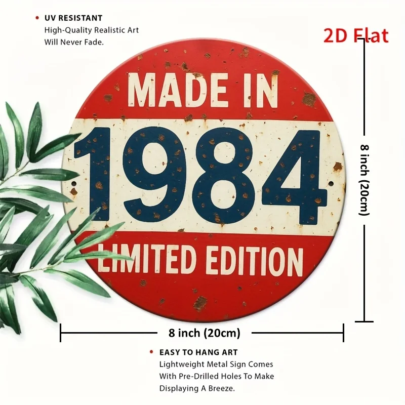[2D Flat] Vintage 1984 Limited Edition Metal Sign - 2D Flat Printing, Rustic Red & Blue Wall Art for Home, Office, Bedroom, Coff