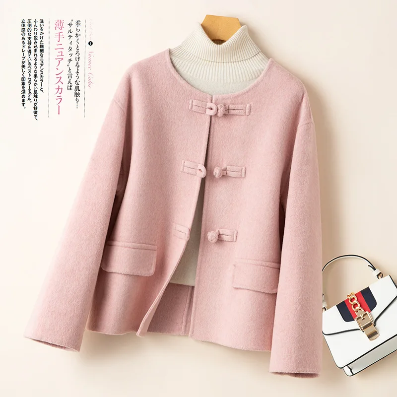 Women's Double Faced Wool Tweed Coat 2026 Winter O-Neck Contrast Color Two Button Fashion Warm Overcoat