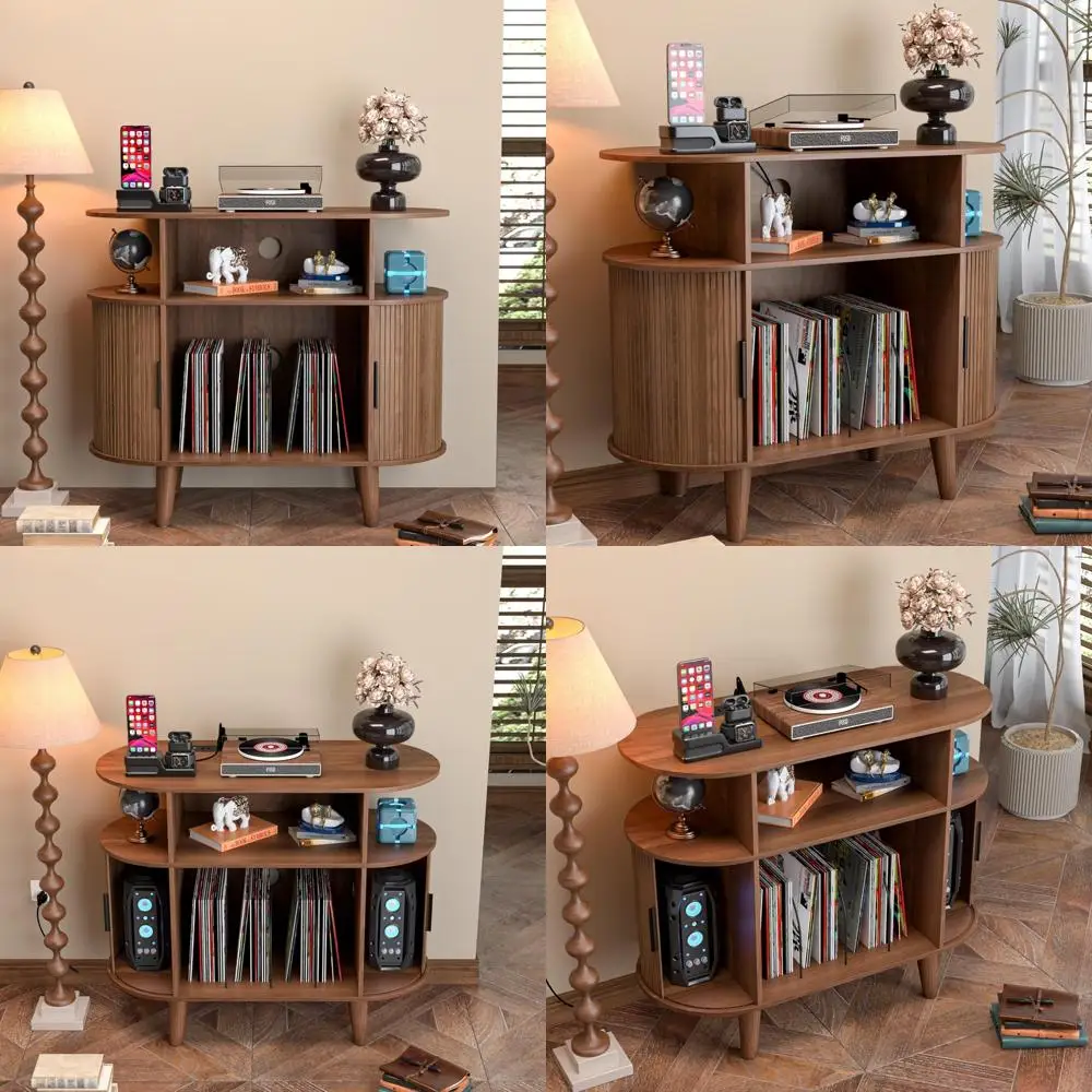 حامل القرص الدوار الكبير الحديث لمنتصف القرن مع منافذ شحن USB وخزانة تخزين السجلات #1