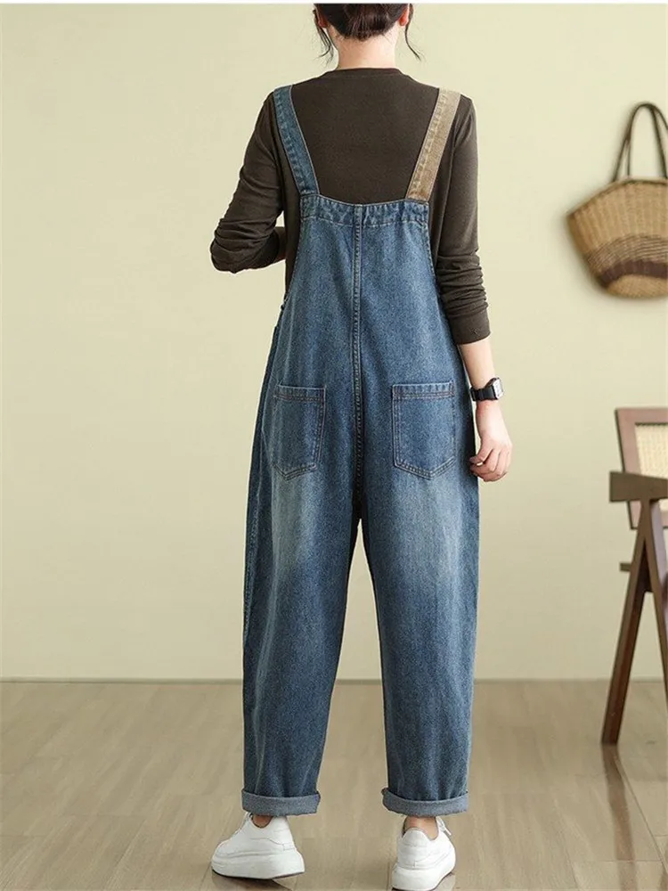 Literary Oversized Jeans Jumpsuit Women 2024 Spring Autumn Loose Match Colors Denim Straps Pants Overall Playsuit Trousers Femme