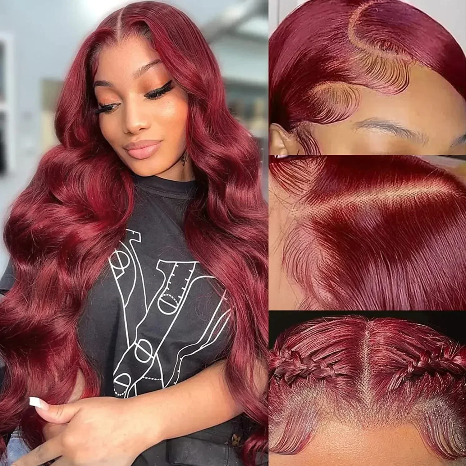 Borgonha 99j onda do corpo perucas dianteiras do laço do cabelo humano peruca frontal do laço hd renda transparente 13x6 vermelho colorido cabelo brasileiro para mulher