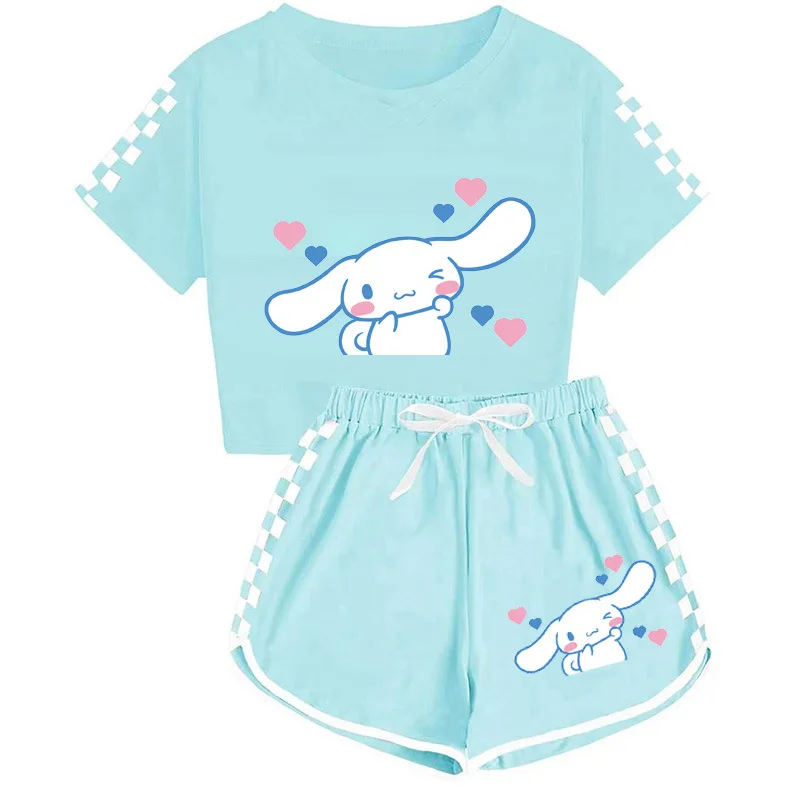 Sanrio-Conjunto de camisetas y pantalones cortos de dibujos animados para niñas, ropa deportiva de verano, pijama suave de manga corta, regalo para el hogar, Cinnamoroll Kuromi