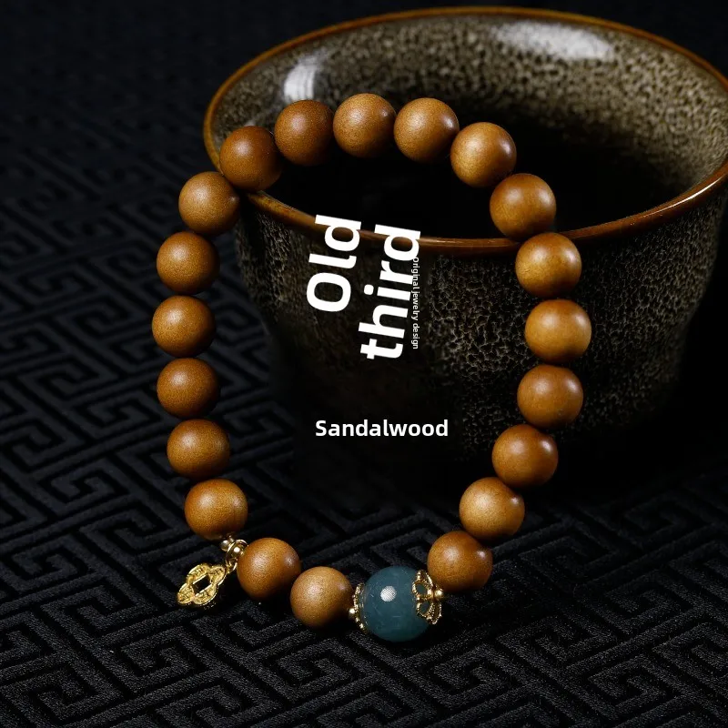 Chinese Style Lucky Blessing 8mm Natural Laoshan Sandalwood Single Loop Bracelet With Jade Bead Fortune Good Luck Jewelry For