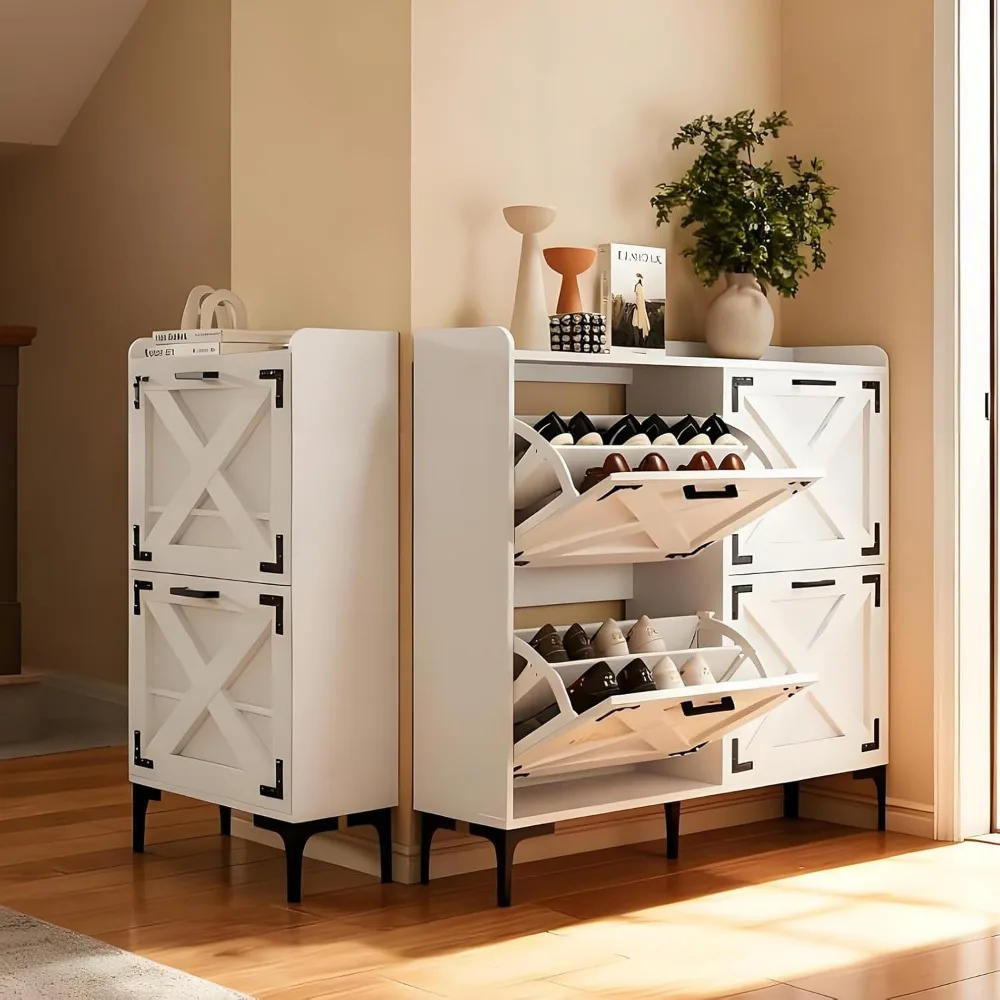 خزانة تخزين الأحذية مقاس 70 بوصة مع 6 أدراج قابلة للطي، منظم أحذية المزرعة 2 في 1 مع تصميم باب الحظيرة وأرجل معدنية، قائم بذاته #3