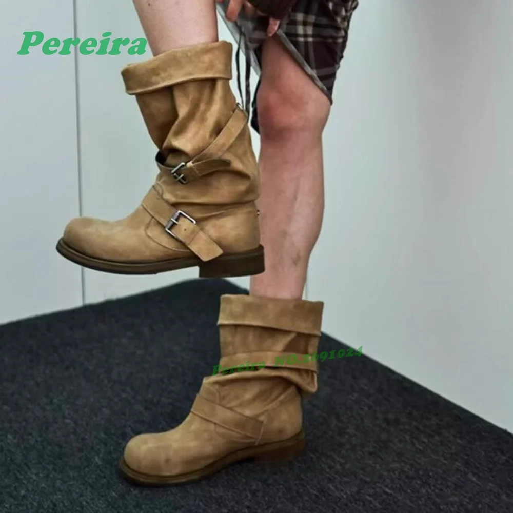 Плиссированные сапоги-гладиаторы до колена с пряжкой на поясе, рабочие ботинки в стиле ретро с круглым носком на низком каблуке для женщин, плиссированная повседневная обувь, зимняя роскошная обувь