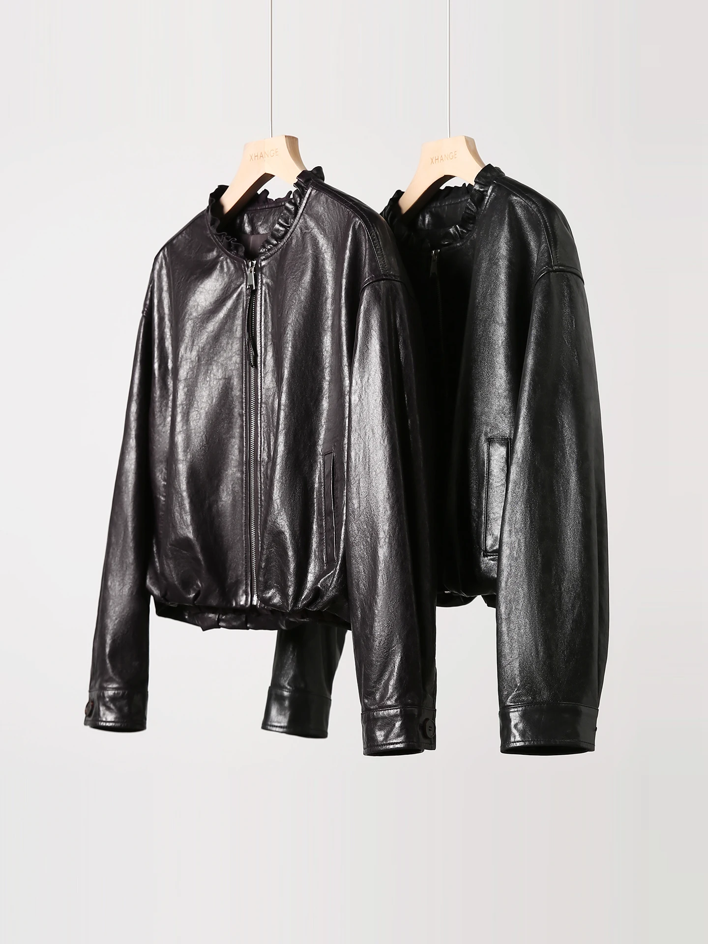 짧은 오일 왁스 가죽 코트 여성 스타일 블랙 버섯 칼라 플로럴 버드 디자인 가을 신상품 방풍 데일리룩