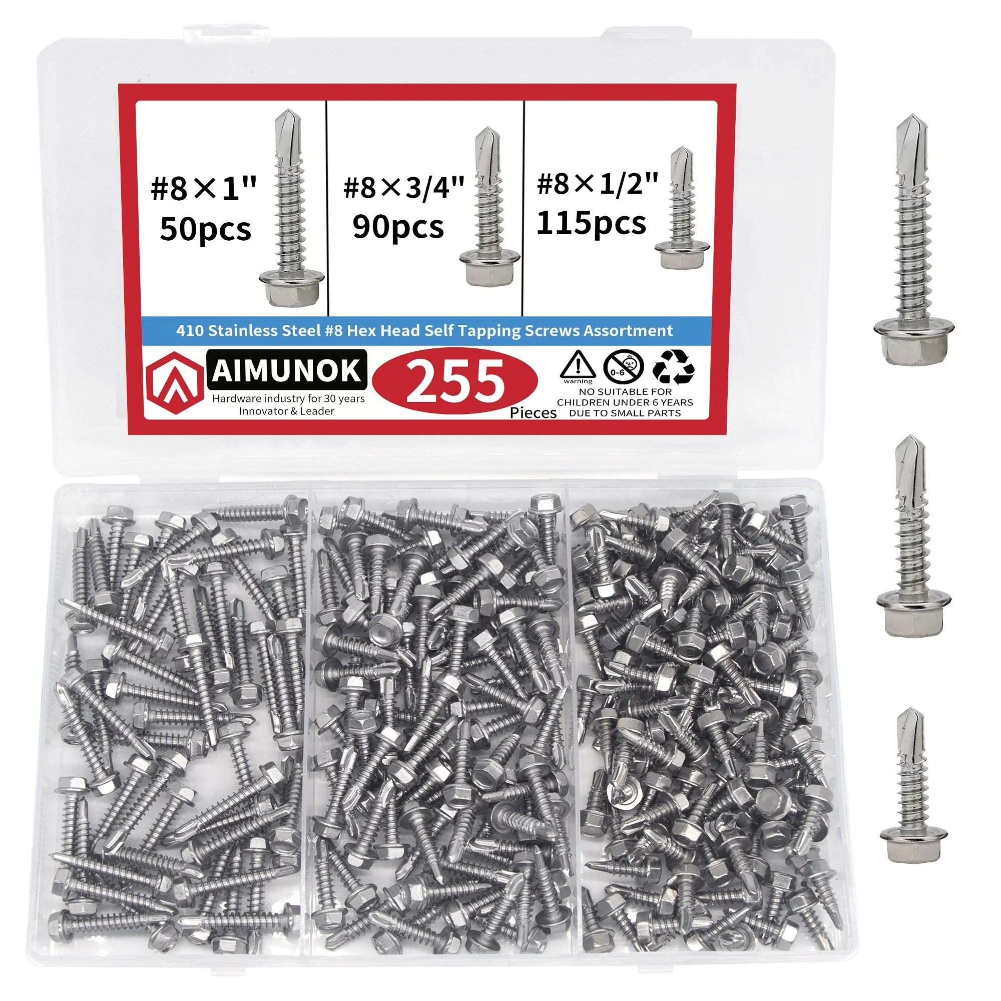 255Pcs 410 Stainless Steel Hex Socket Self-Tapping Screws Assortment Kit, Flat Head Wood Sheet Metal Screws