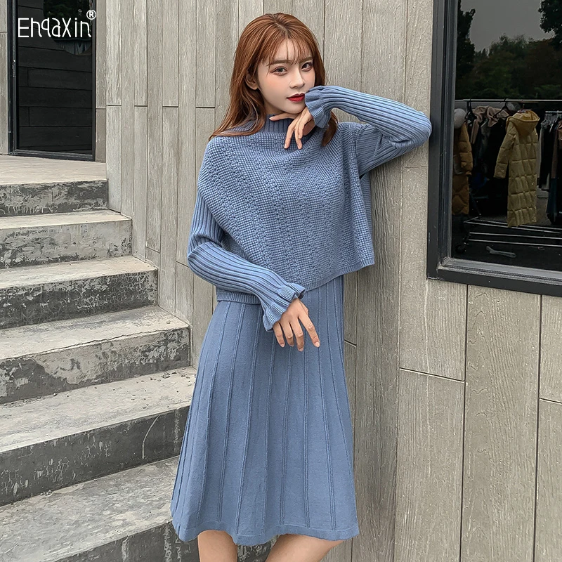 EHQAXIN 2023 Autumn Winter Knitted 2 Piece Set Women Long Sleeve Half High Collar Pullover Sweater + Ladies Knitting Skirt Suit