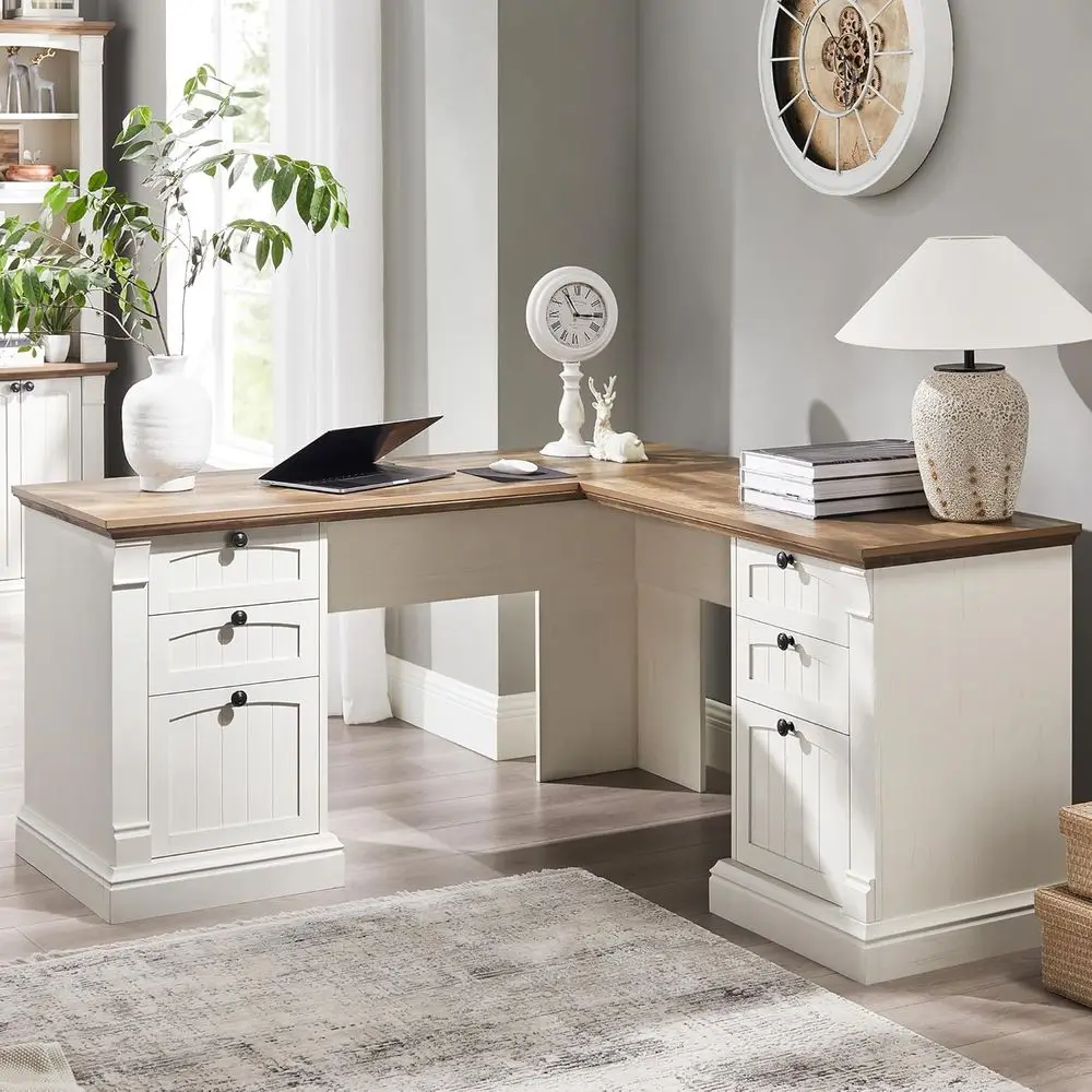 60 L Shaped Executive Desk with Drawers, Armhouse Home Office Desk with Charging Station, File Cabinet Storage, Wood Computer De