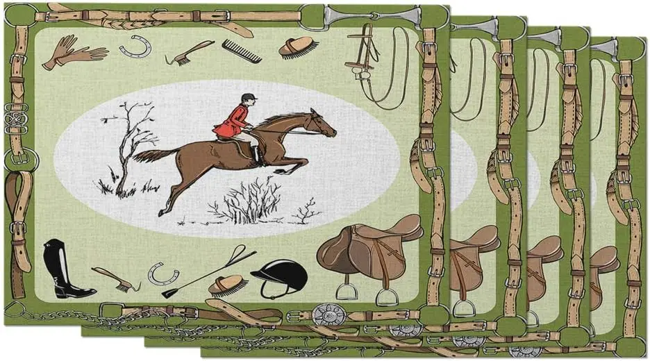 Farmhouse Place Mats 12x18 Inch Set of 4 Equestrian Sport with Horse Rider England Steeplechase Grass Tree Table Placemats