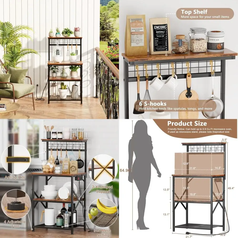 

Rustic Brown 4-Tier Kitchen Baker's Rack with Power Outlet, Microwave Stand, 6-Hook Coffee Bar, and Spice Storage