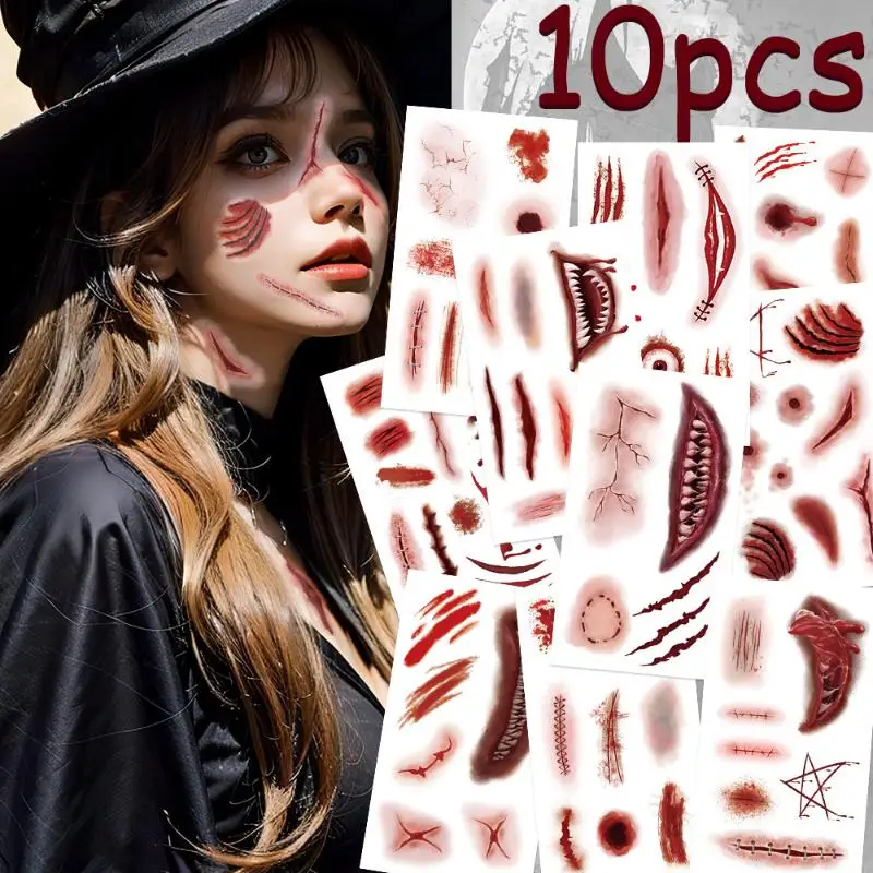 【HBA】10 Sheets 3D Realistic Scar Tattoos Waterproof Fake Bloody Wound Stickers For Halloween Cosplay Face Body Makeup Adults
