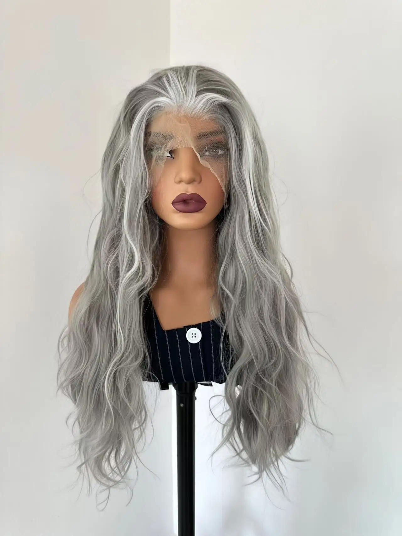Silver Grey Long Wavy Lace Front Synthetic Wig Glueless Heat Resistant Fiber Hair for Women Cosplay Party and Daily Use