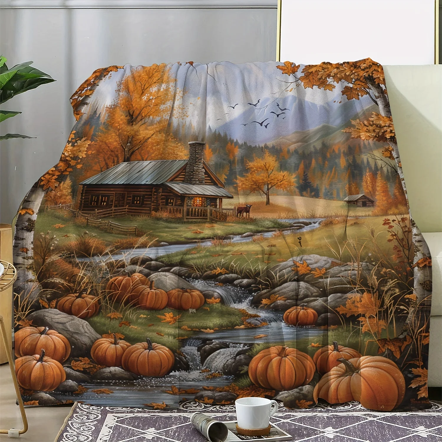 

Vintage Flannel Throw Blanket with Pumpkin Maple Cabin Print - Digital Printing Soft Cozy Autumn-Themed Blanket for Sofa, Bed