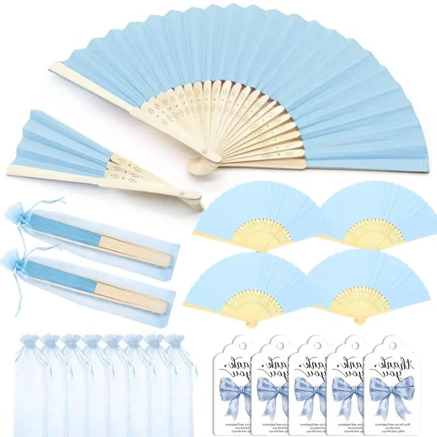 1Set Foldable Handheld Paper Fans Kit, Bamboo Frame, Light Blue, Including Ribbon Bag & Label, for Wedding Summer Cooling XJM
