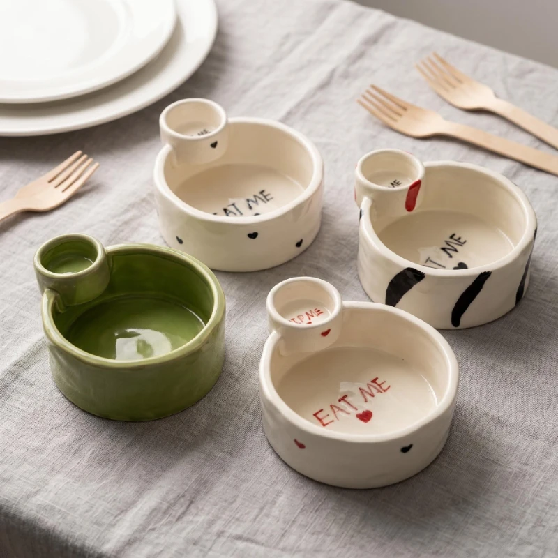 Ceramic Dip Bowl, French Fries Bowl with Small Plate, Heat-resistant Tableware, Household Snack Plate, Kitchen Tableware