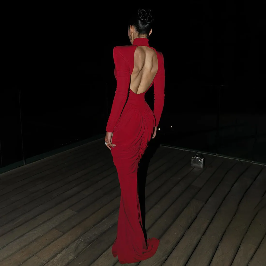 Elegant Party Dress For Woman Long Sleeve Backless Ruched Solid Color Maxi Mermaid Evening Dress Form Fitting Floor Length