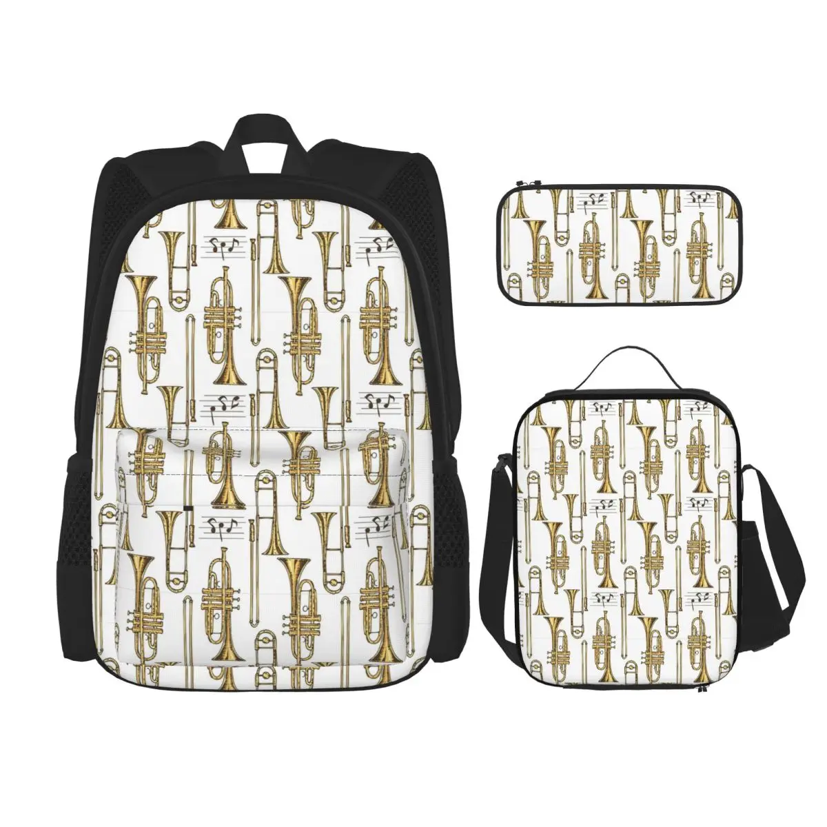 Trumpet Horn Instruments Backpacks Kids Bookbag School Bags Rucksack Lunch Bag Pen Bag Three-Piece Set