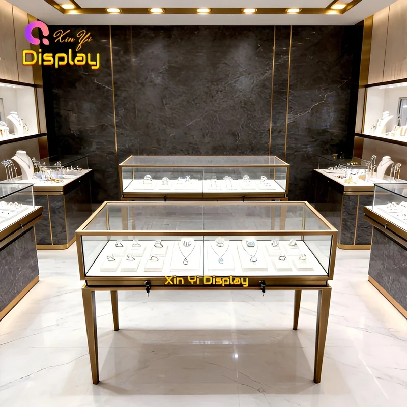 custom.High-end Countertop Style Jewelry Display with Double Locks LED Lighting Metal Frame Retail Interior Desig