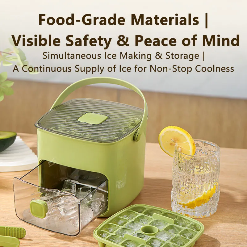 Press Type Ice Cube Tray with Storage Bin Food Grade Quick Release Ice Mold for Home Refrigerator Summer Drink