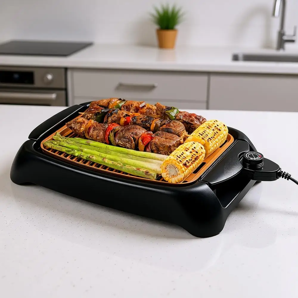 

Electric Indoor Grill with 13x10 Inch Non-Stick Cooking Surface, 1000W Fast Heat Up Power, Adjustable Temperature, Removable and