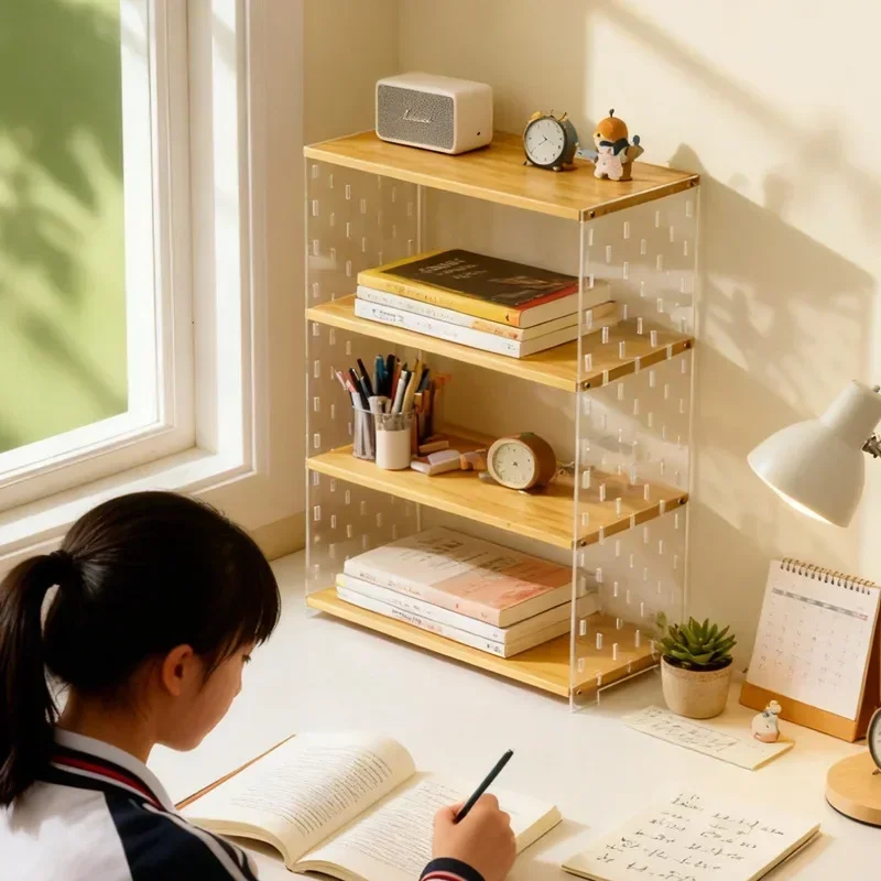 Multifunctional desktop bookshelf learning desk multi-layer table hole board station storage rack