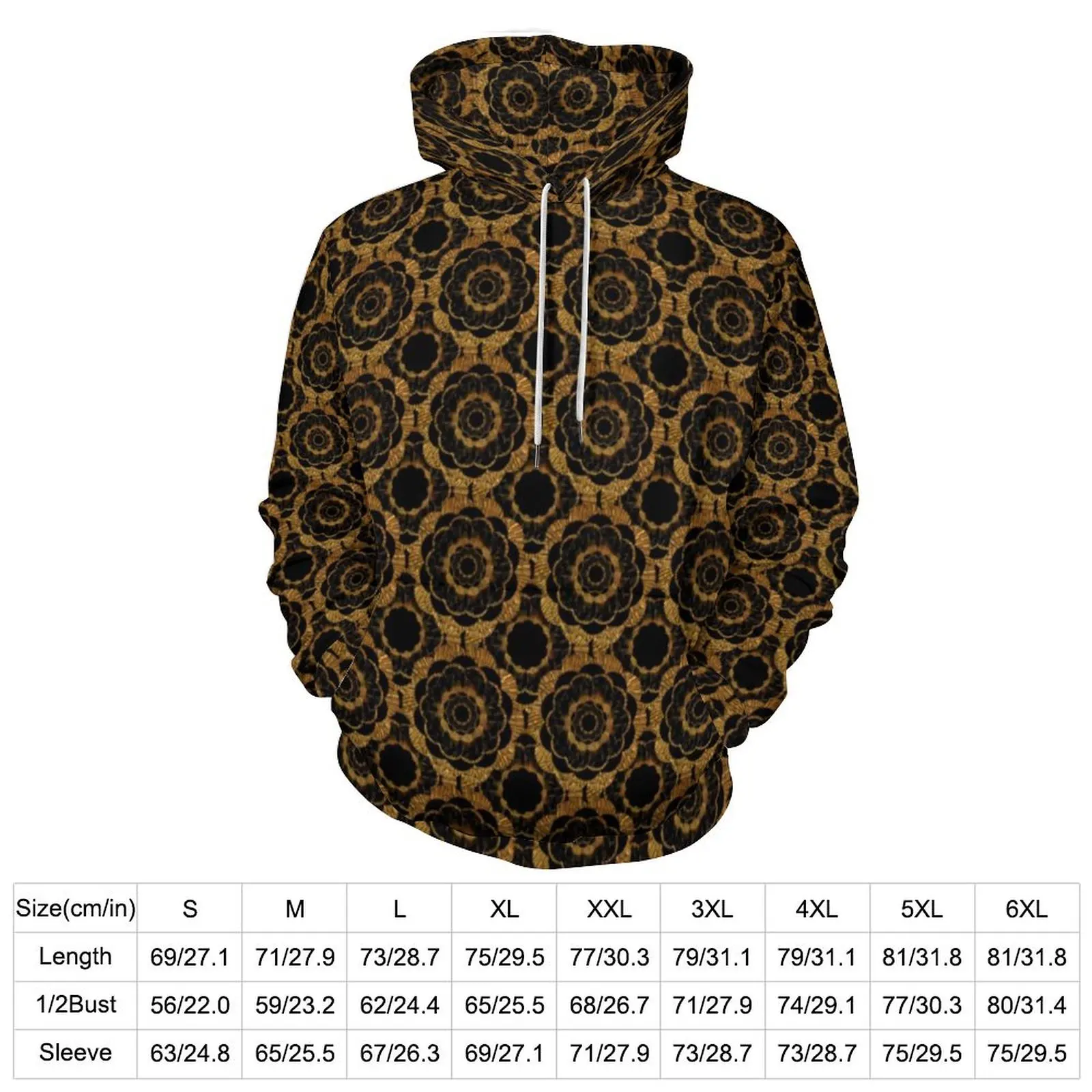 Retro Mandala Casual Hoodies Gold Floral Print Street Wear Hoodie Men Long Sleeve Cute Pattern Top Plus Size 5XL 6XL