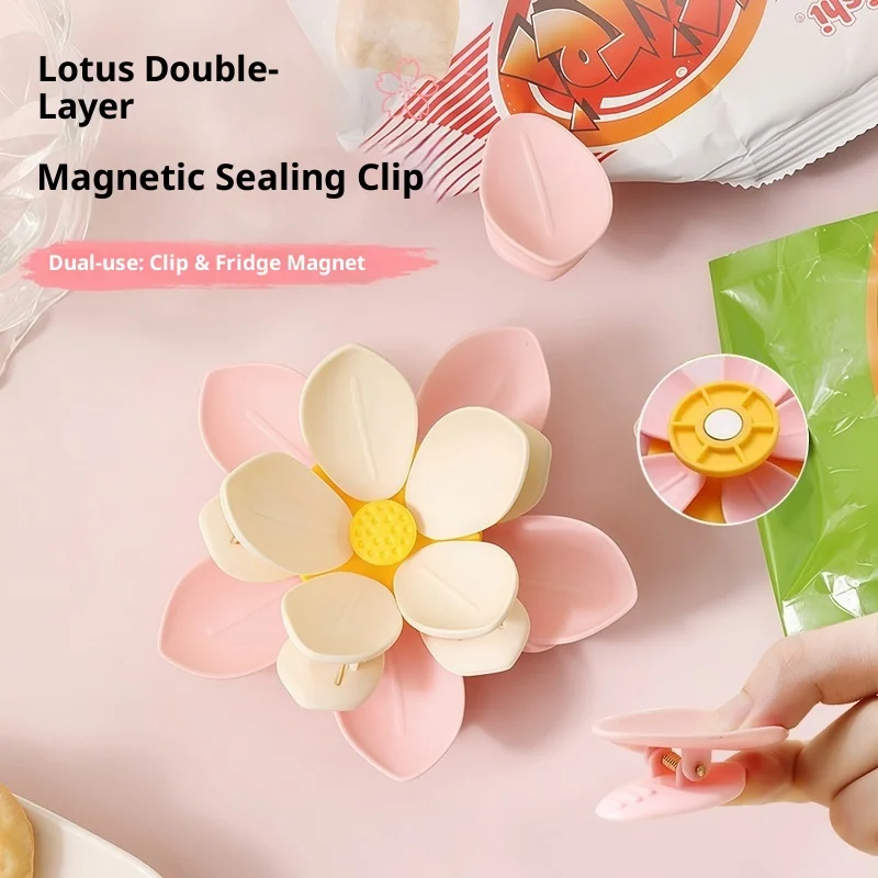 

Lotus Flower Magnetic Fridge Magnet Home Kitchen Snack Bag Moisture-Proof Sealing Clip Food Preservation Sealer