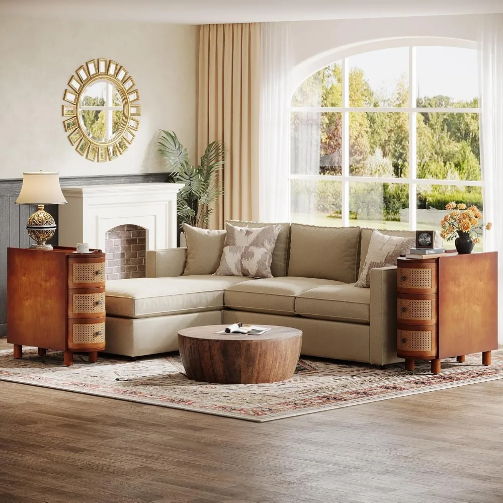 Vine ベッドサイドテーブル、頑丈な構造、多機能、レトロなエンボスハンドル付き、ウォールナットとオークのベッドサイドテーブル