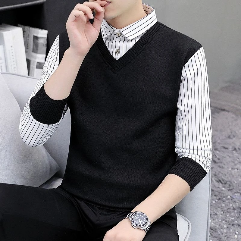 Plus Size Men’s Shirt Fake Layer Design V Neck Striped Long Sleeve Tee Casual Fashion Blouse with Collar for Young Adults