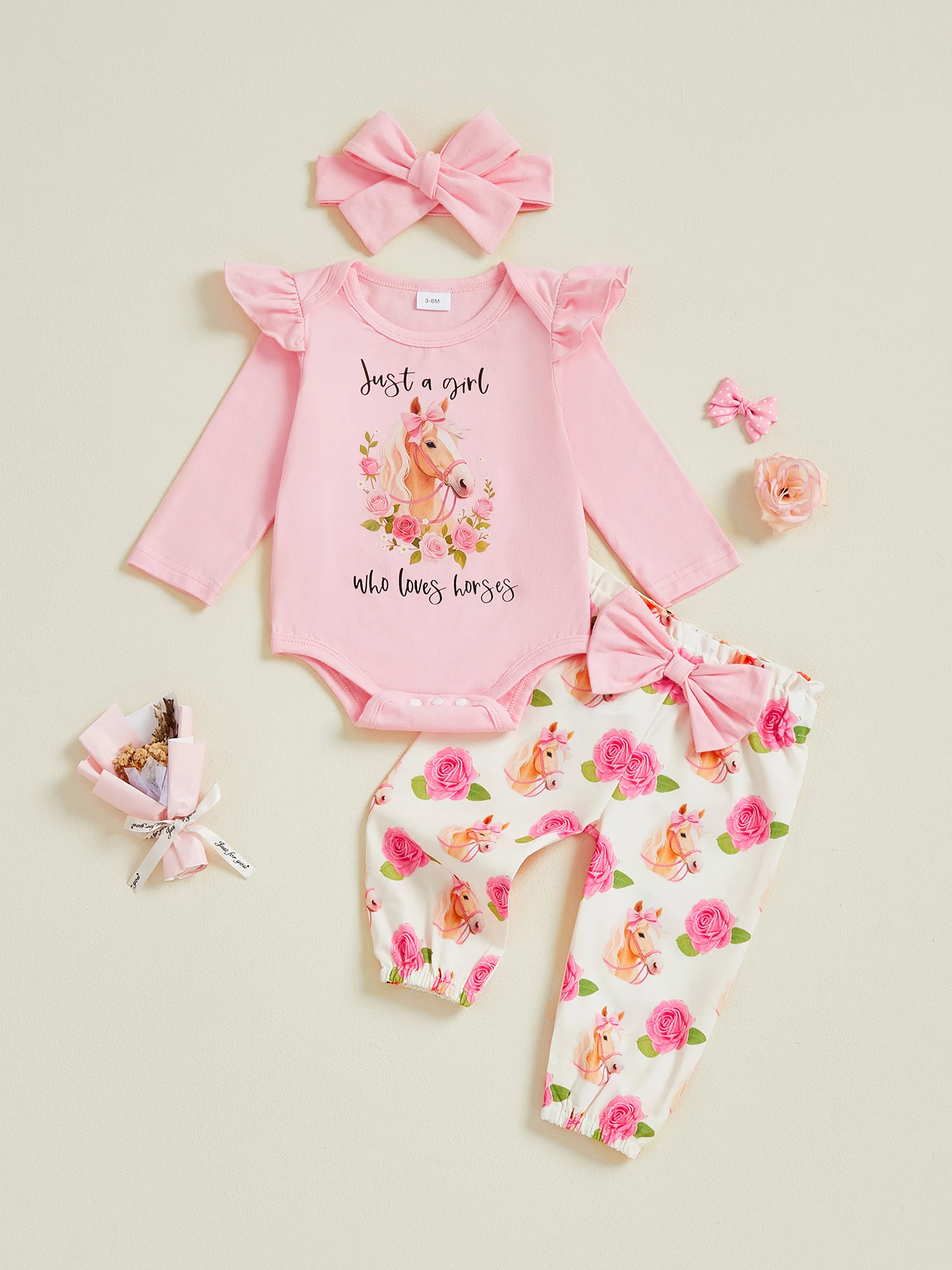 

Baby Girls 3 Piece Outfit Long Sleeve Round Neck Animal Letter Floral Print Jumpsuit Headband Elastic Waist Pants Set