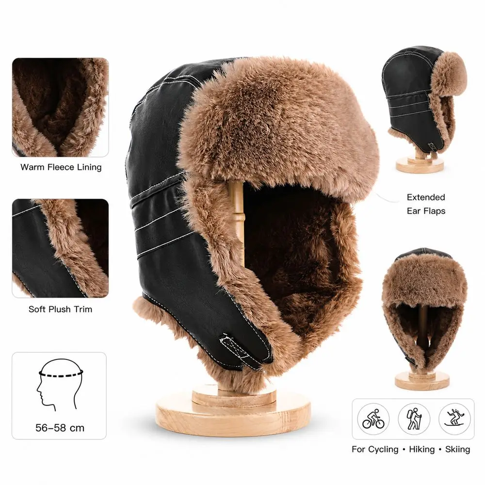 New Faux Fur Lining Trapper Hat Warm Waterproof Earflap Hat Fastening Chin Strap Bomber Hat Winter Outdoor Wear