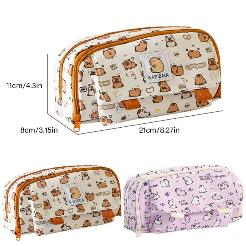 Capybara Canvas Pen Bag with Multiple Compartments Stationery Organization Dropship